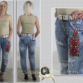 Джинси жіночі літні рвані з камінням під перли та вишивкою-аплікацією