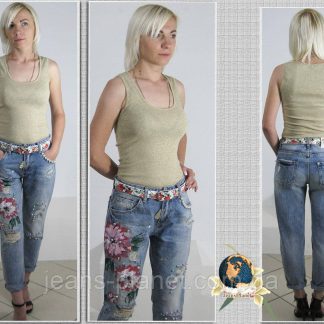 Джинси жіночі літні рвані з камінням під перли та малюнком на тканині