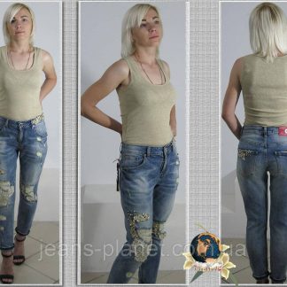 Джинси жіночі модні рвані з камінням під перли батал