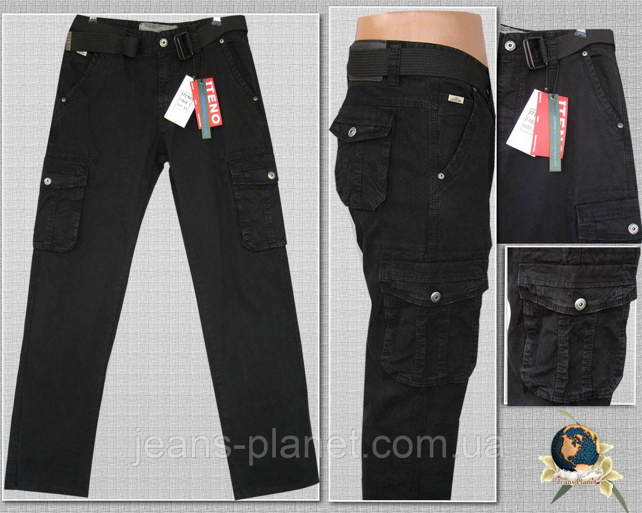 Джинси карго чоловічі літні ІTENO з накладними кишенями чорного кольору
