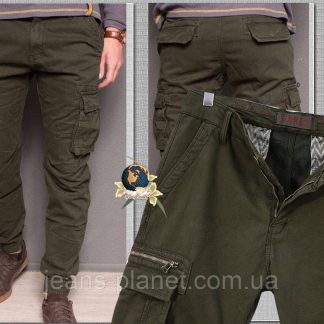 Джинси чоловічі зимові карго з кишенями зелені хакі на гумці 34-й розмір