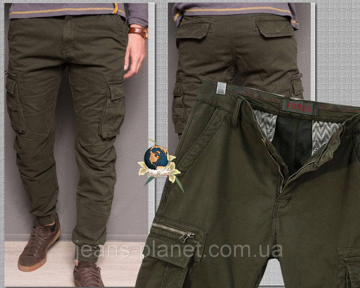Джинси чоловічі зимові карго з кишенями зелені хакі на гумці 34-й розмір