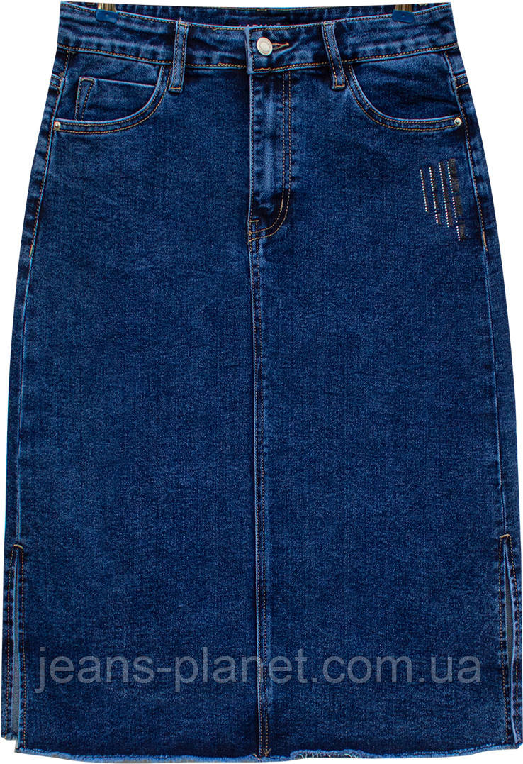 Джинсова класична спідниця міді з бахромою та розрізами — изображение 4