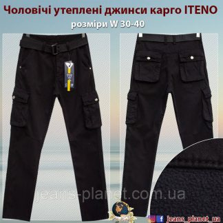 Чоловічі утеплені джинси карго з кишенями чорного кольору ITENO