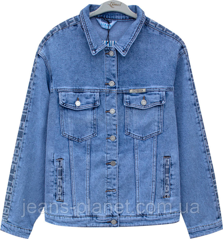 Жіноча джинсова класична куртка з прикрасою стрази — изображение 5