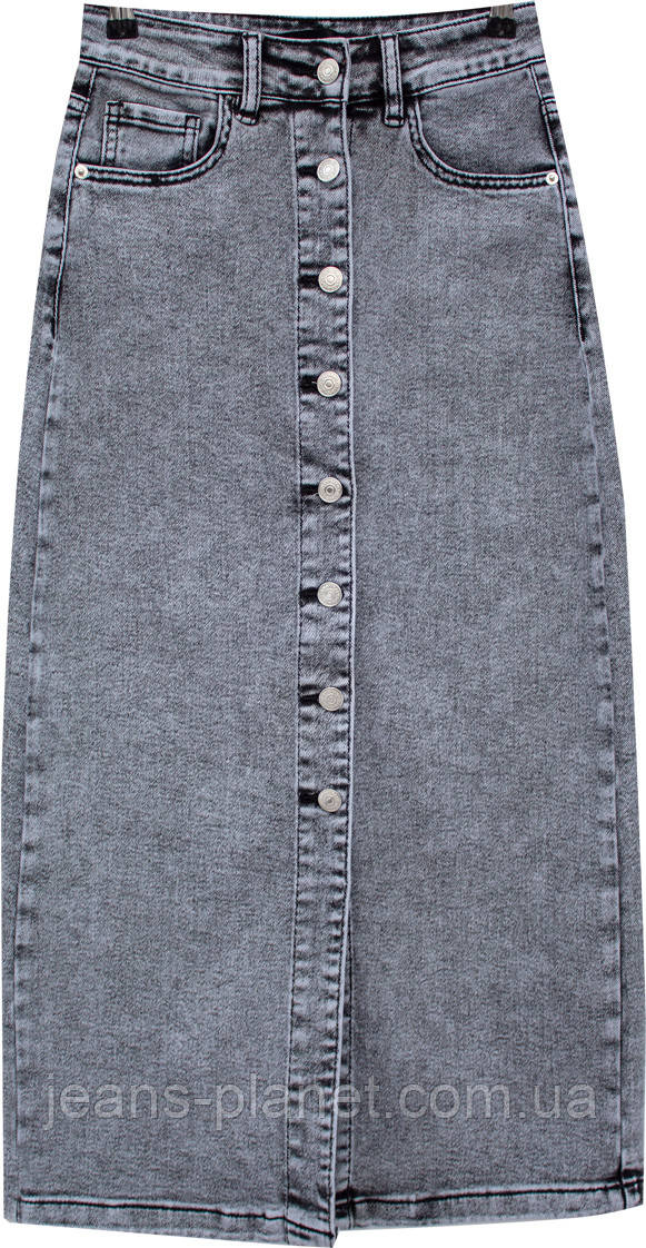 Модна довга джинсова спідниця максі на гудзиках світло-сірого кольору — изображение 4