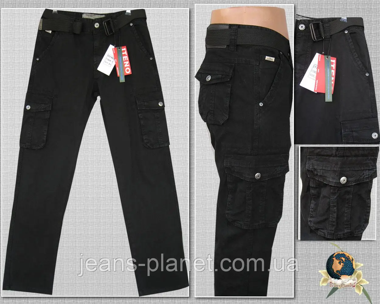 Джинси карго чоловічі літні ІTENO з накладними кишенями чорного кольору — изображение 6