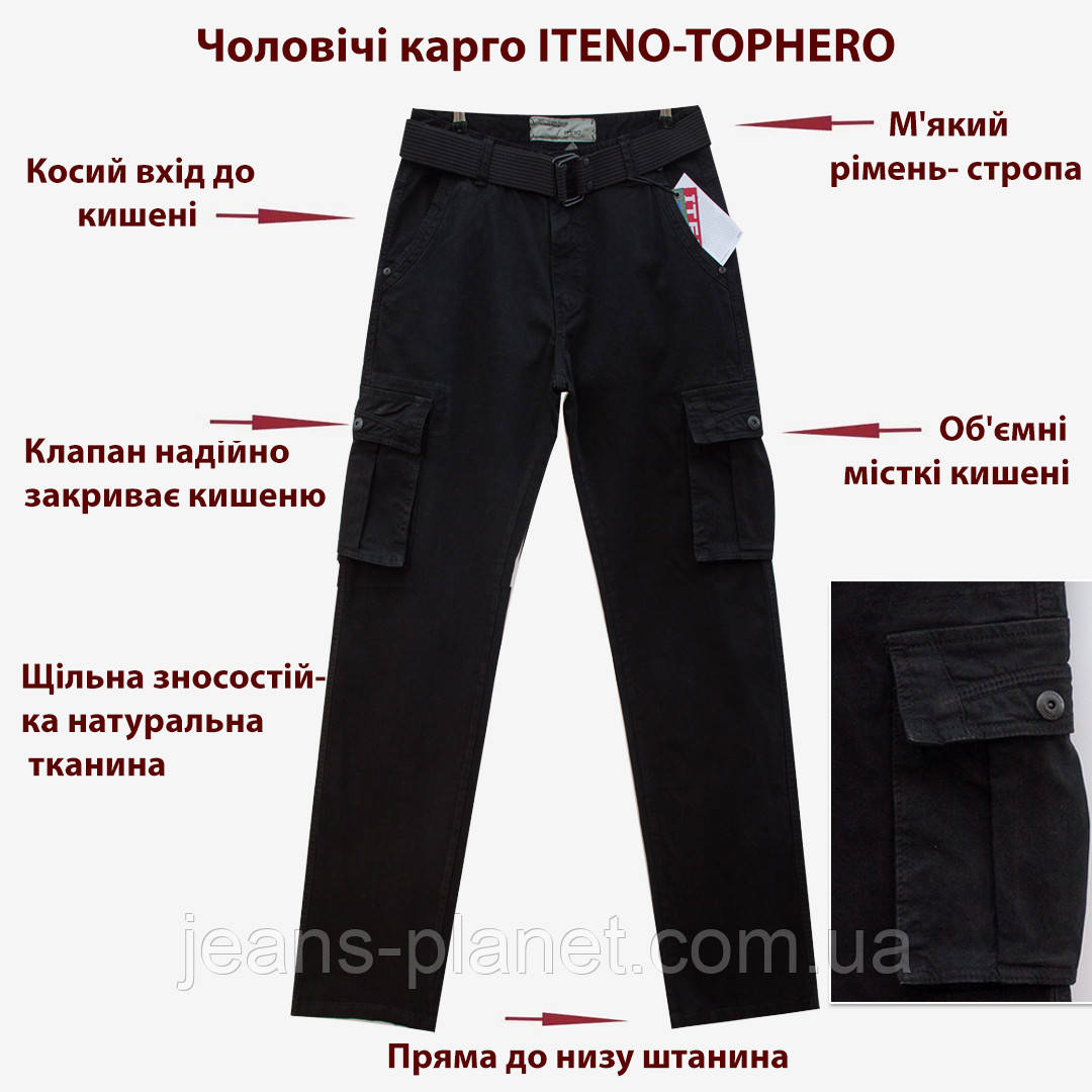 Джинси карго чоловічі ITENO - Tophero з накладними кишенями чорного кольору — изображение 2